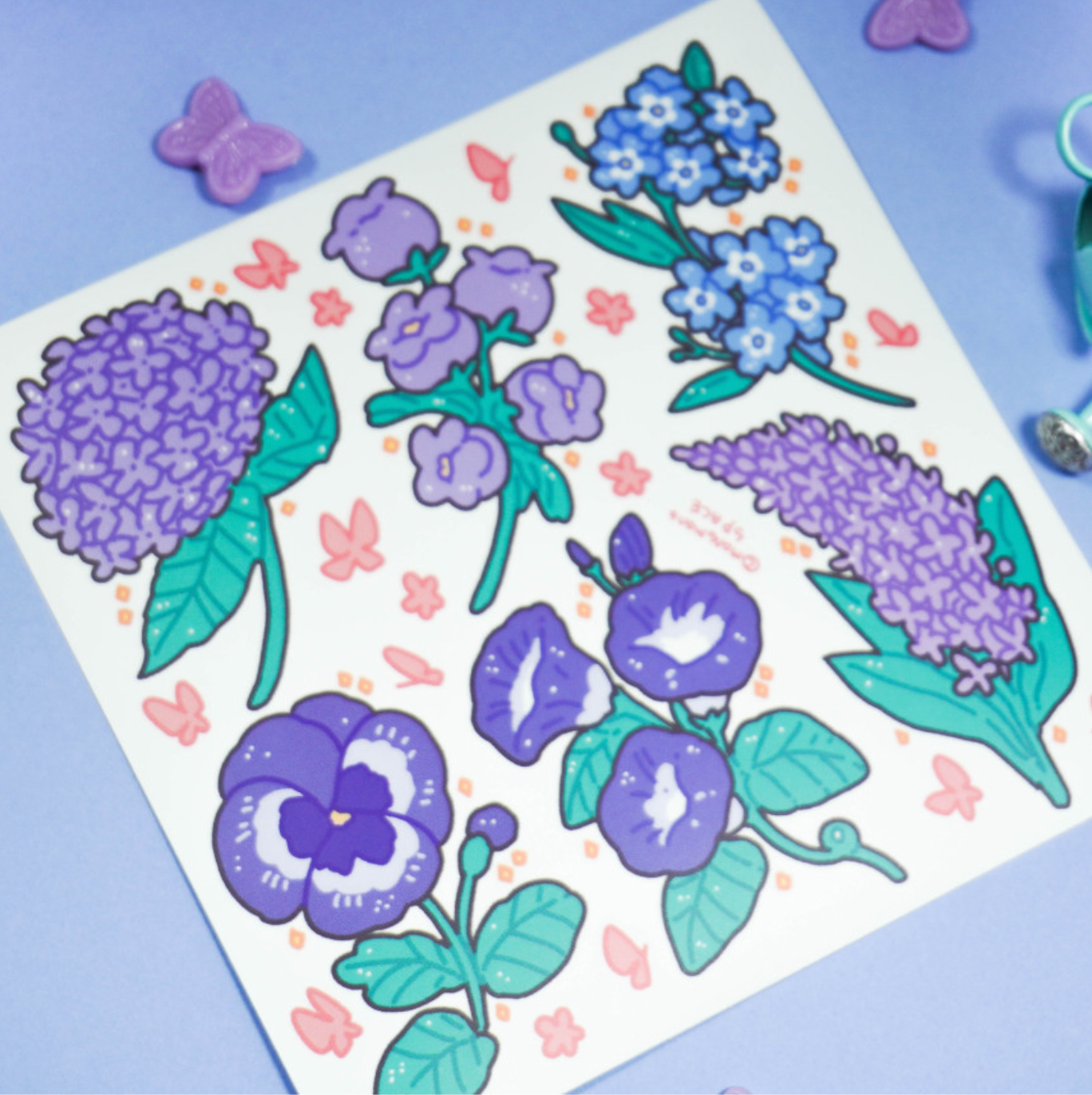 [MM23] DISCOUNT DESK Mong Mong Space Purple Flowers Self-cut Sticker Pack