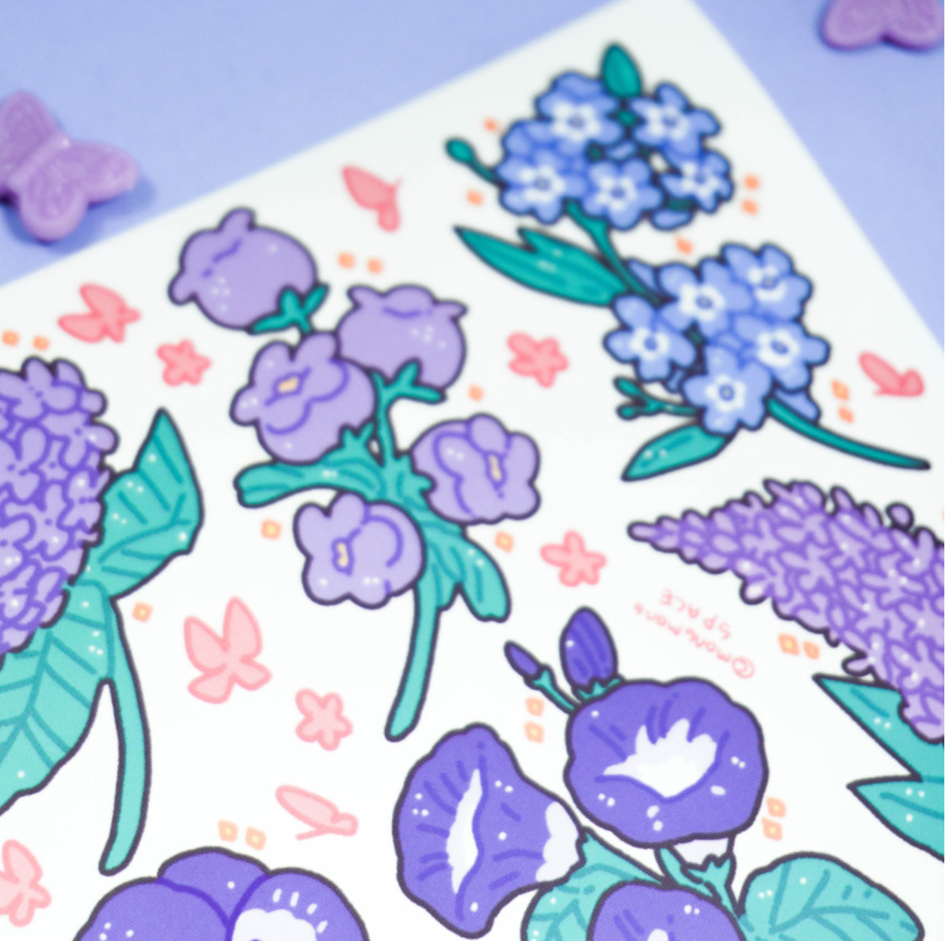 [MM23] DISCOUNT DESK Mong Mong Space Purple Flowers Self-cut Sticker Pack