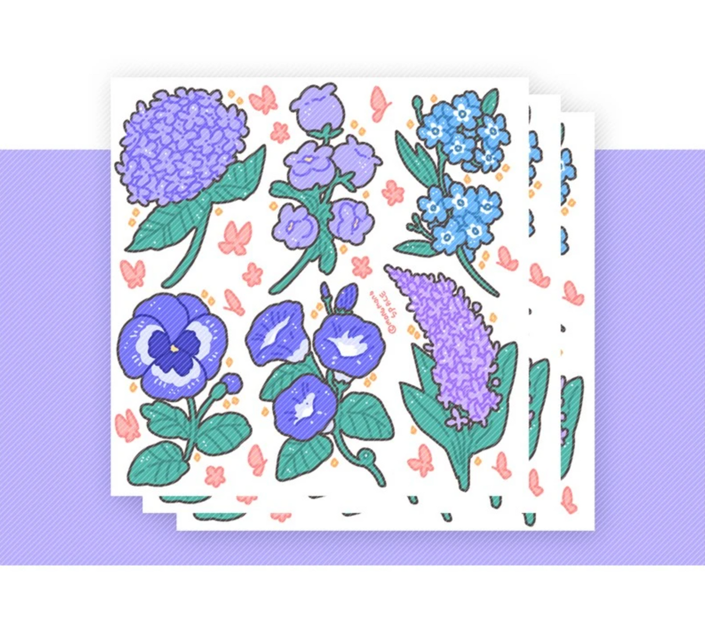 [MM23] DISCOUNT DESK Mong Mong Space Purple Flowers Self-cut Sticker Pack